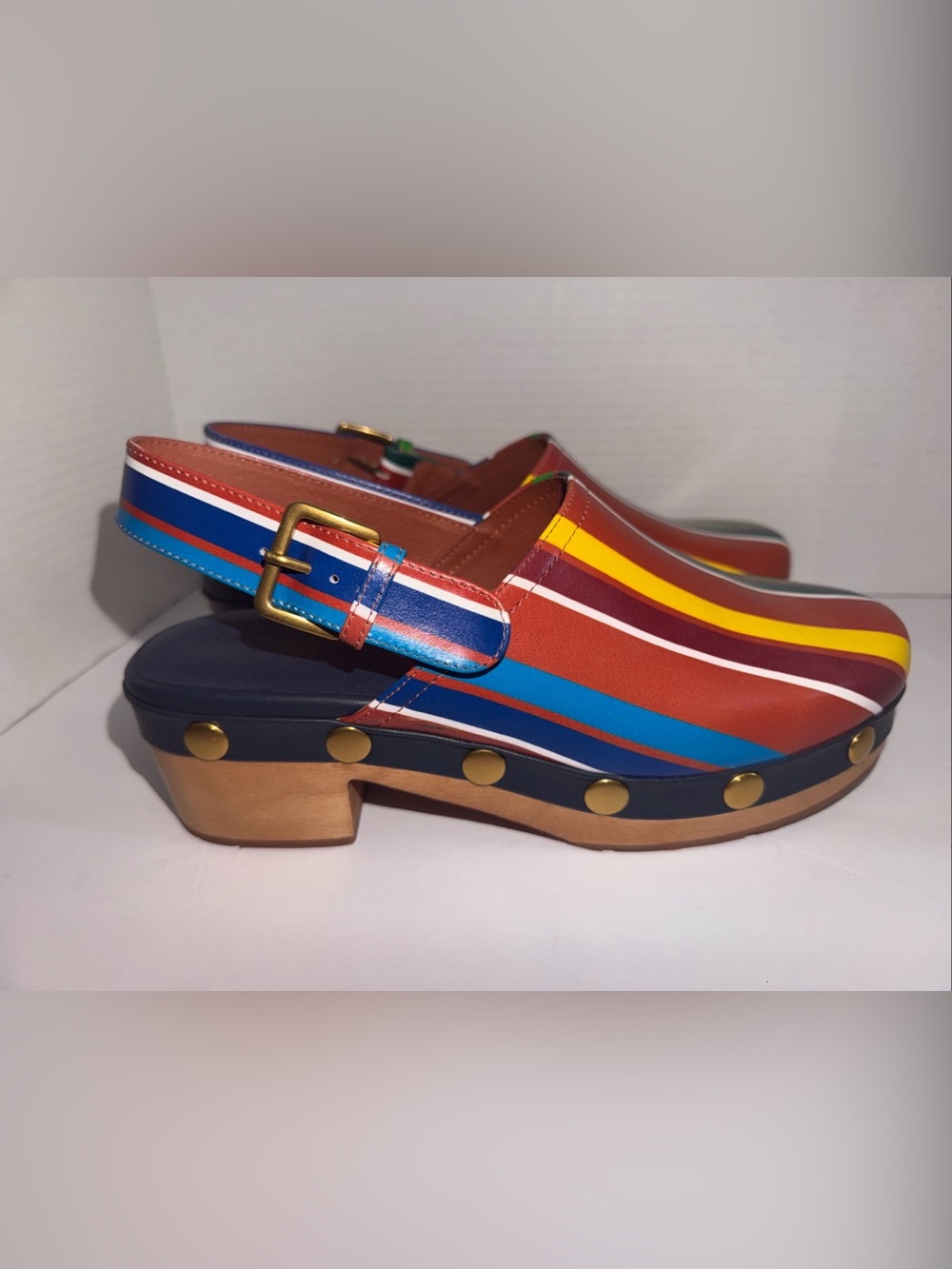 Charlotte Stone Jona Kite Stripe MultiColor Wood Platform Slingback Clog Size 12 - Picture 4 of 10
